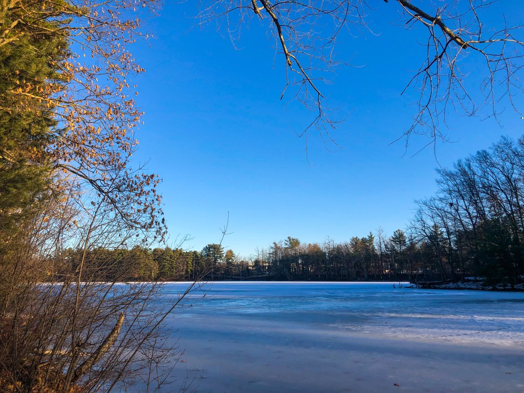 image of a frozen pond with some snow on the ground