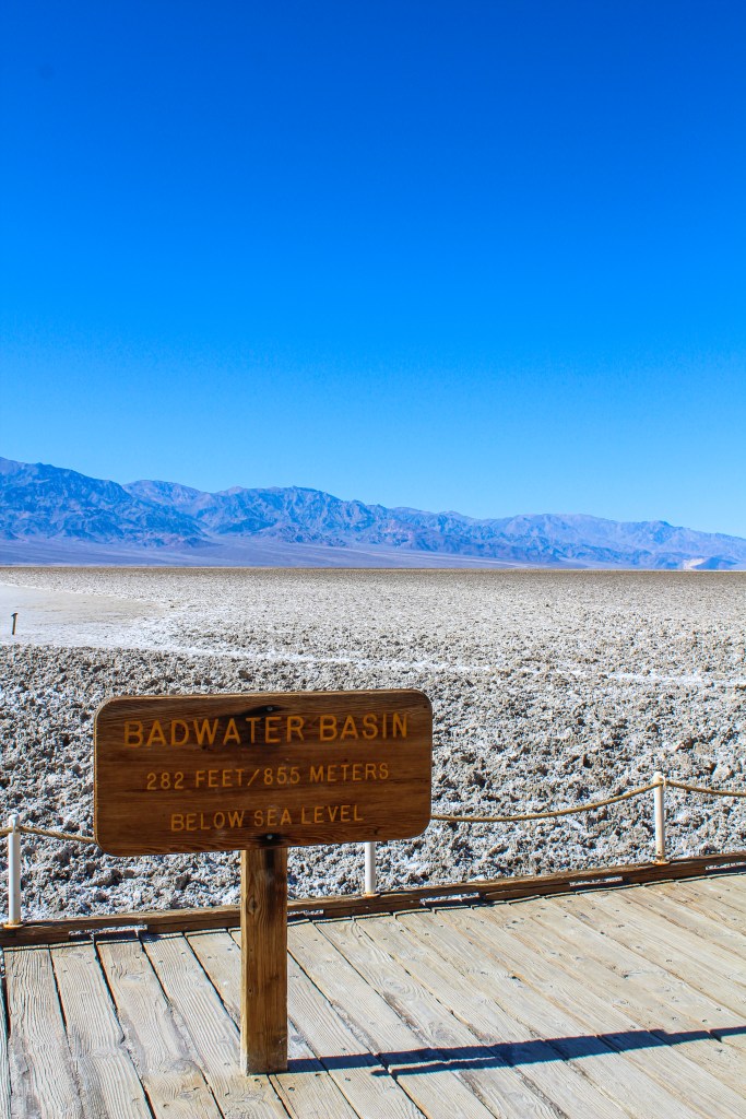 Sign marking Badwater Basin at 282 feet or 855 meters below sea level
